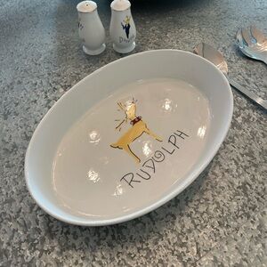 Pottery Barn Reindeer Rudolph Oval Platter - White and Gold